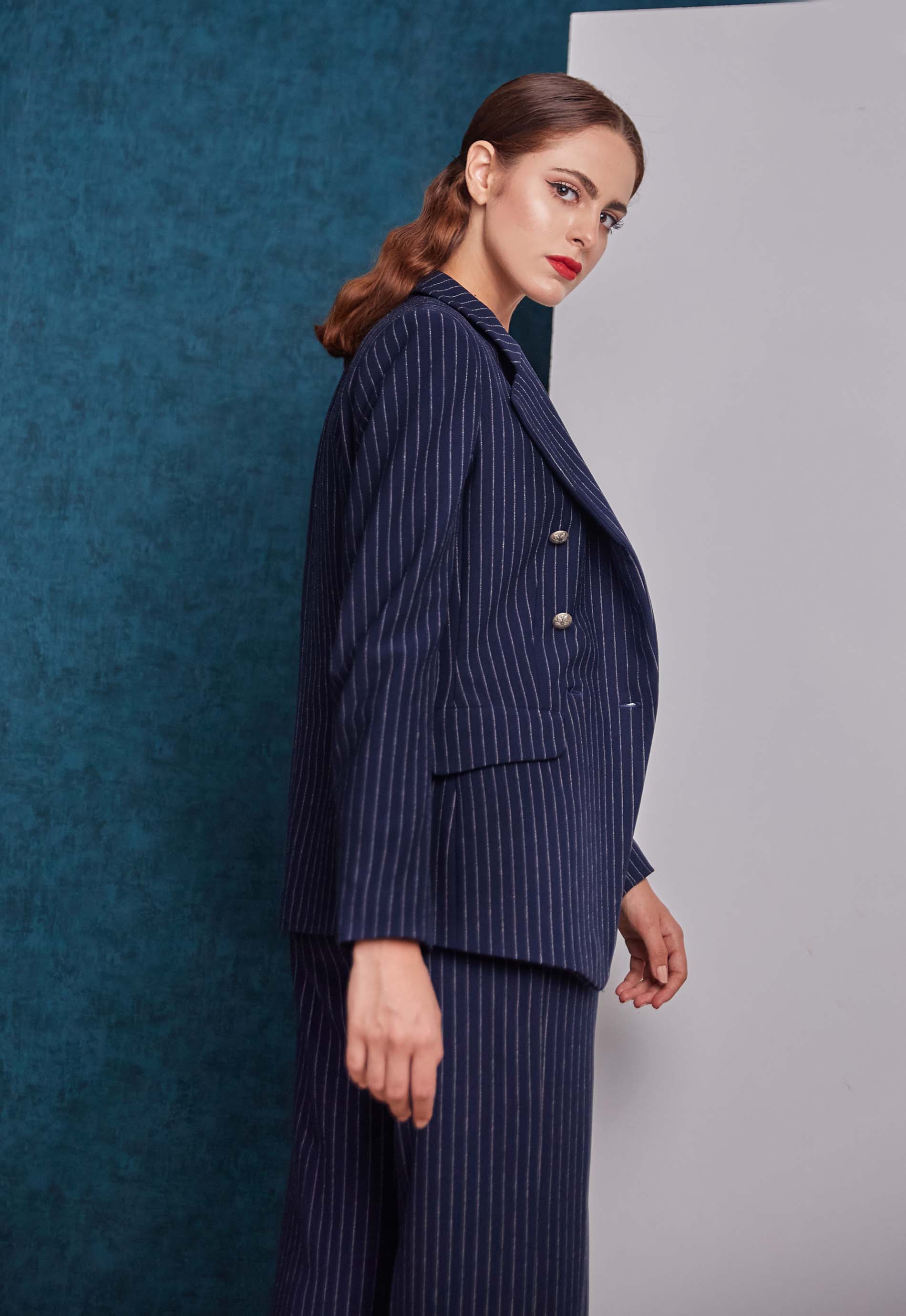 Pinstriped double breasted blue blazer