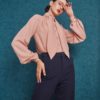Tie neck candy light pink shirt and high waisted wide leg blue pant look