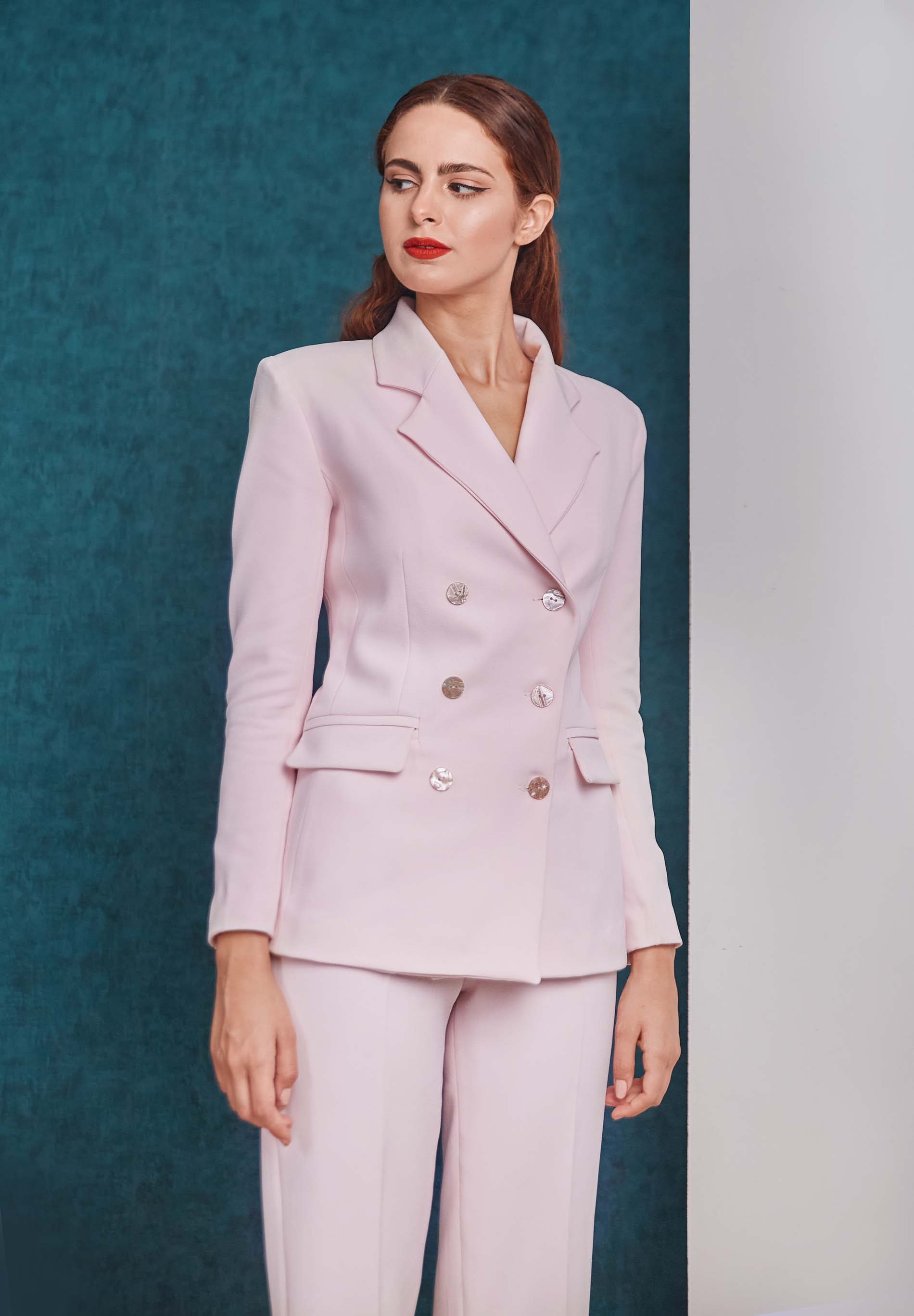 Tailored double breasted pink blazer and pink pant look