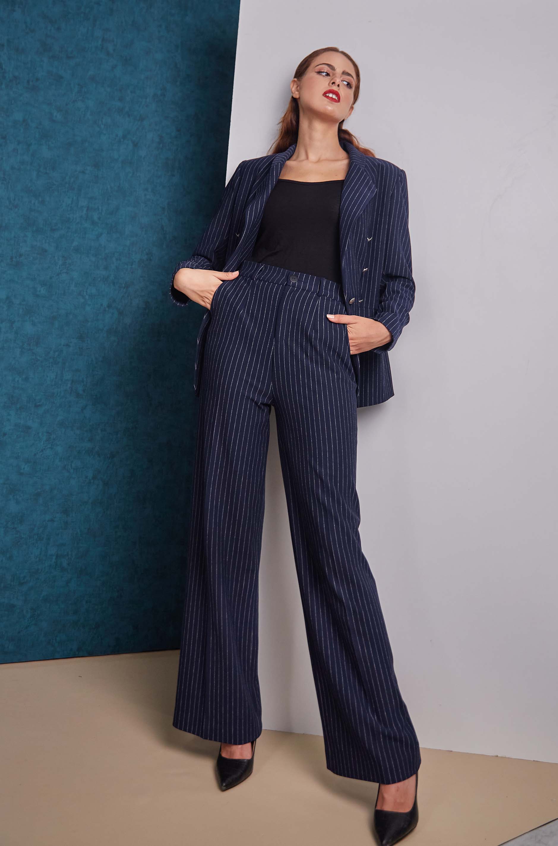 Pinstriped double breasted blue blazer and blue pant look