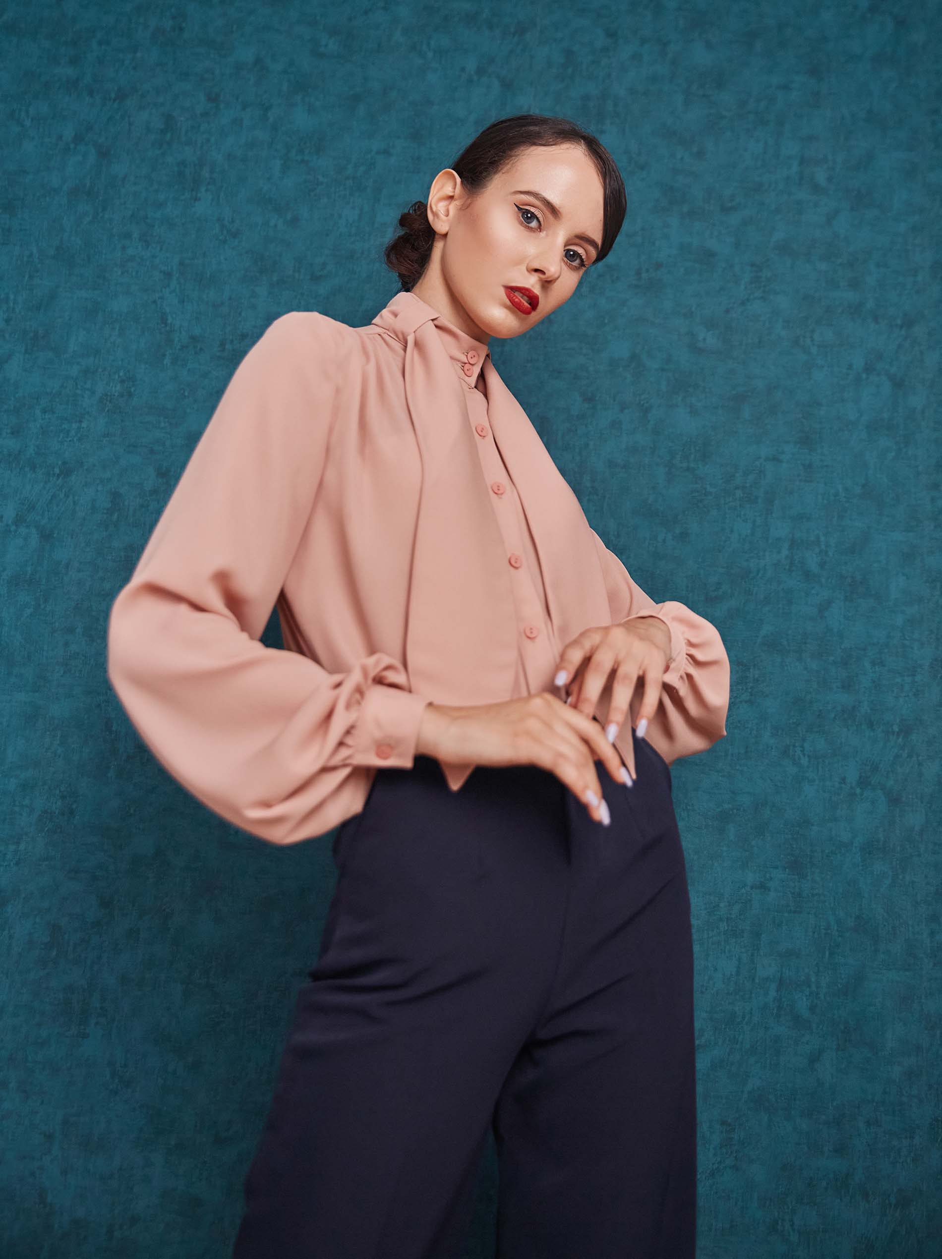 Tie neck candy light pink shirt and high waisted wide leg blue pant look