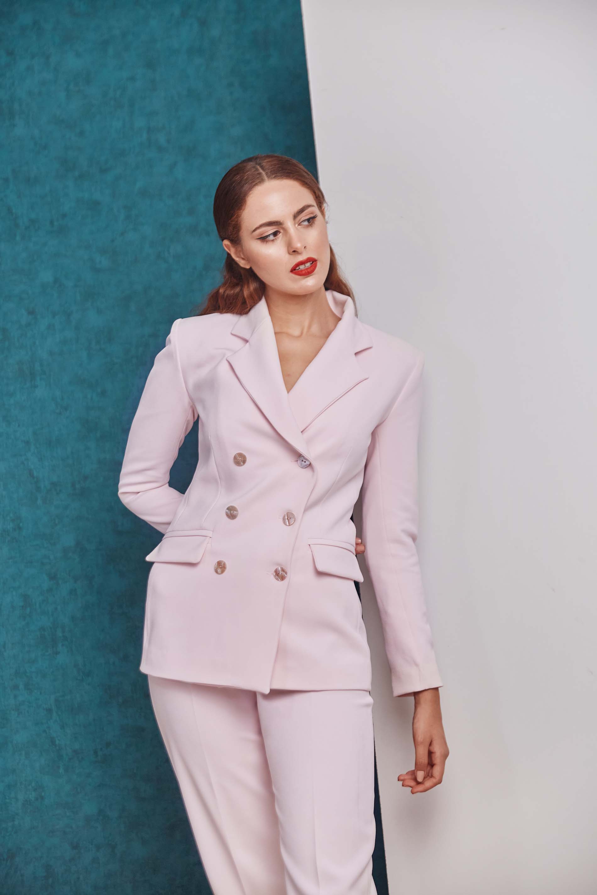 Tailored double breasted pink blazer