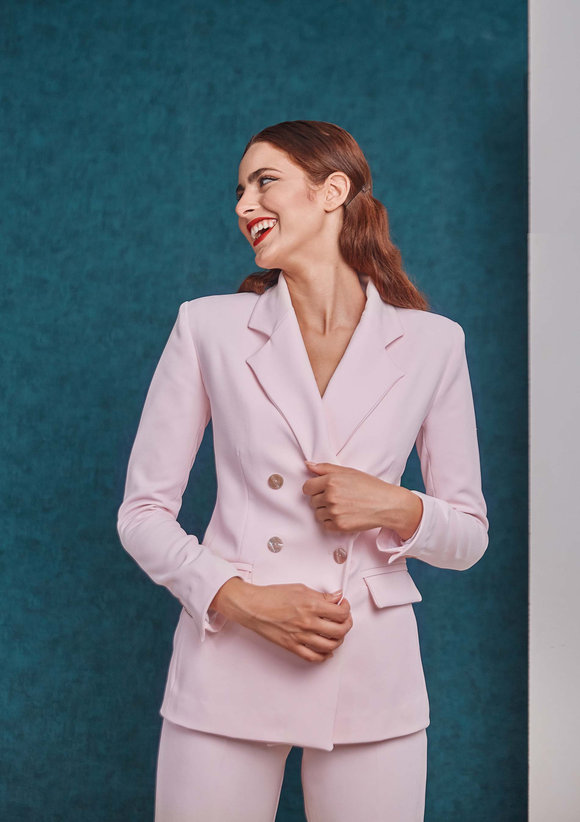 Tailored double breasted pink blazer and pink pant look