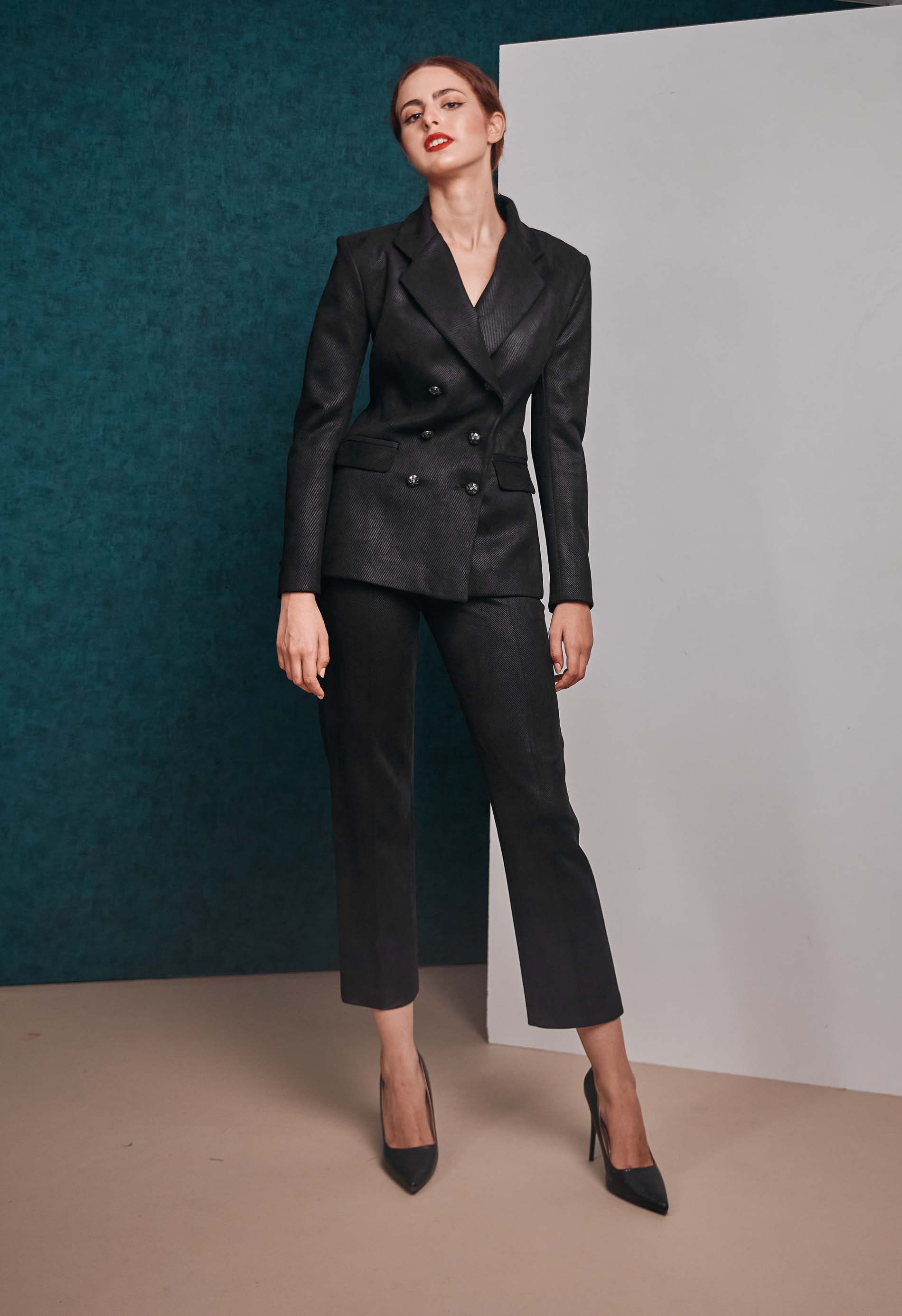 Coated double breasted blazer and black pant look
