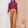 Drapped Ruffle Violet Shirt with High Rise Wool Caramel Pants
