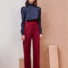 High Collar Side Button Blue Shirt with High Waisted Magenta Pants