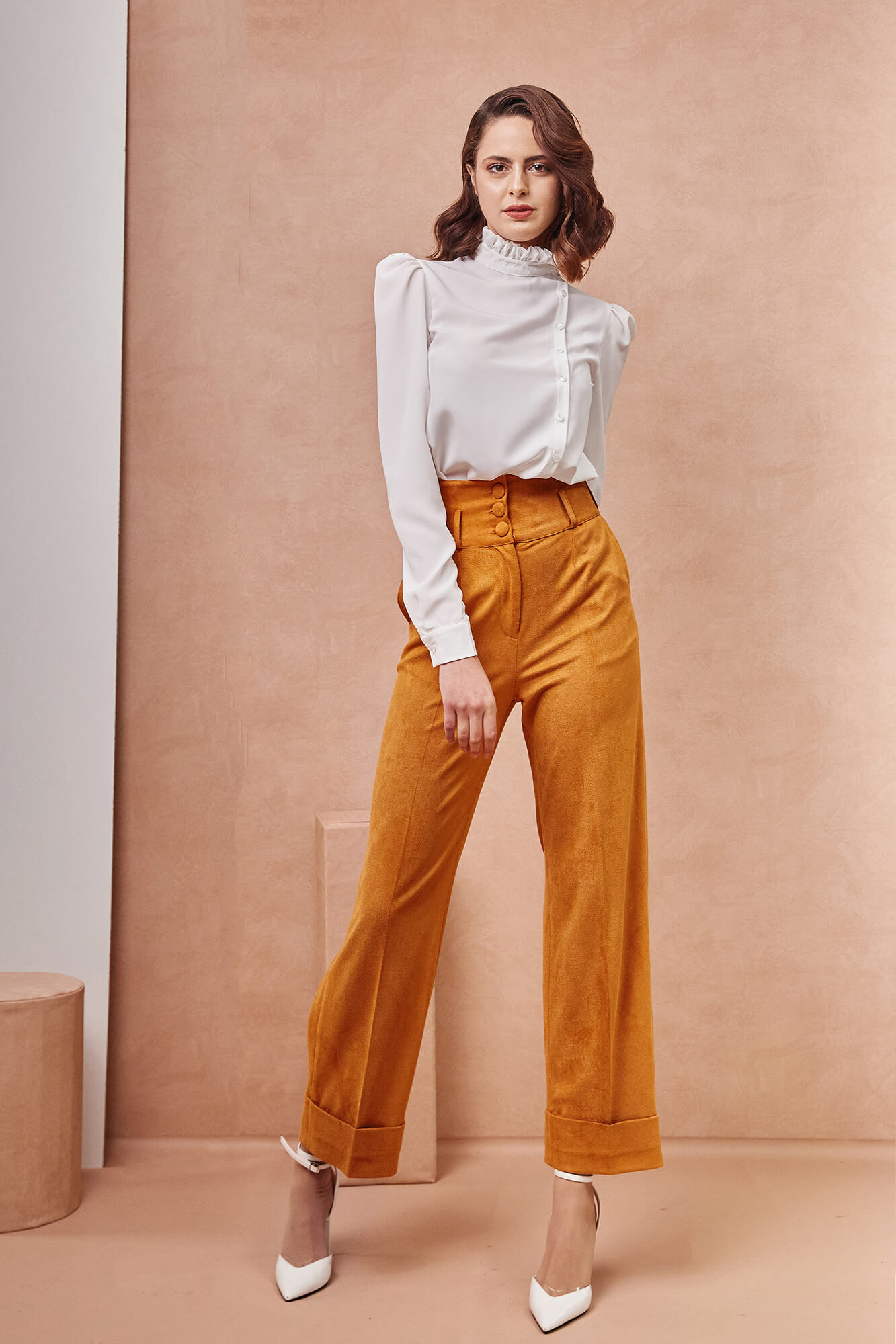 High Collar Side Button White Shirt with High Waisted Orange Pants