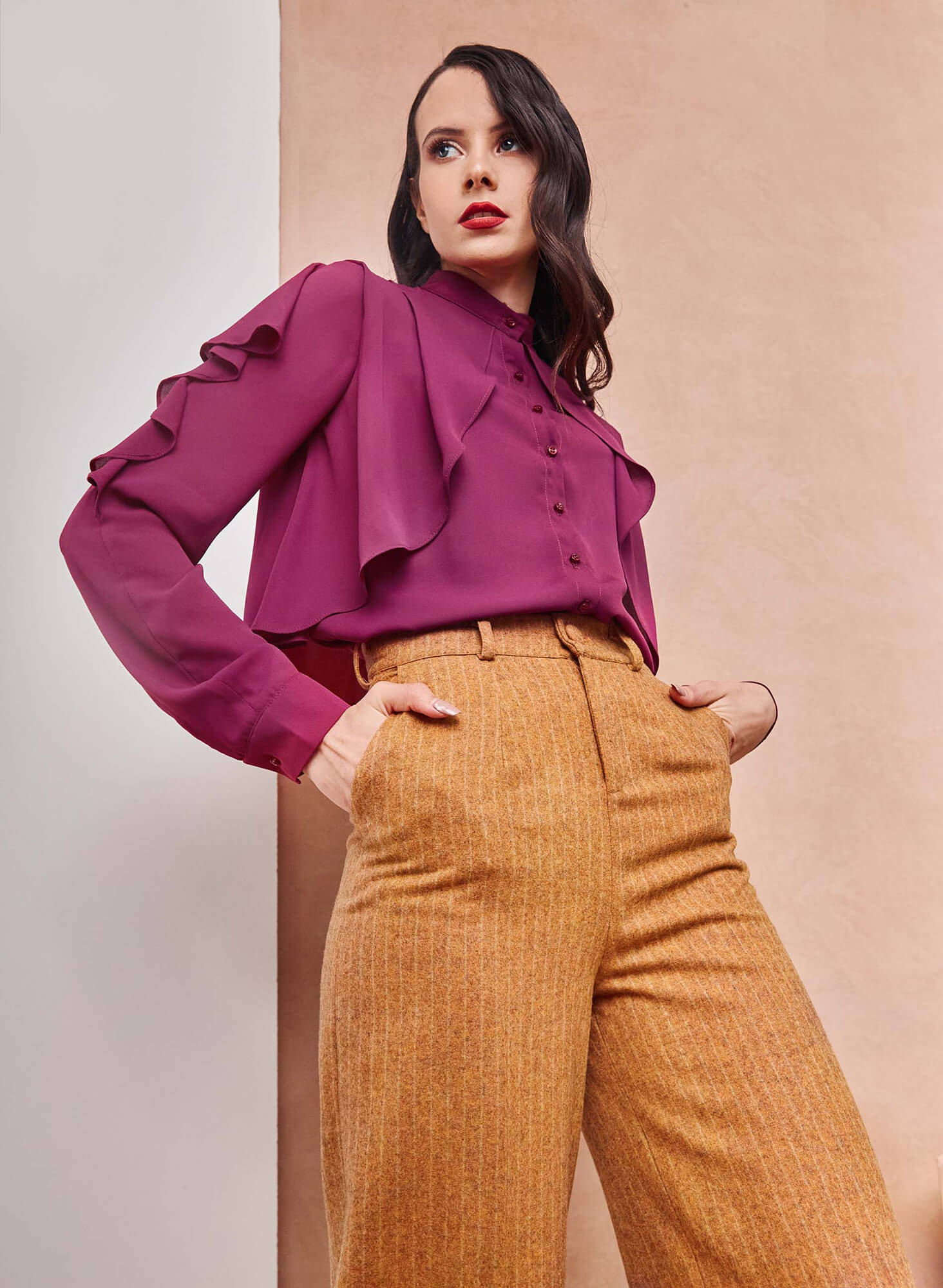 Drapped Ruffle Violet Shirt with High Rise Wool Caramel Pants