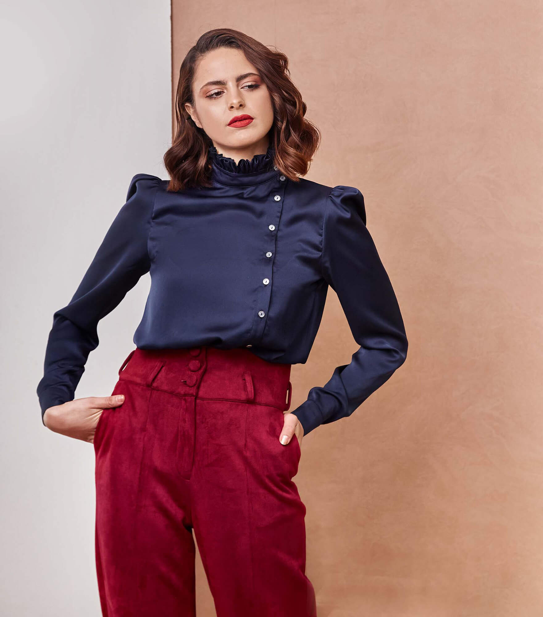 High Collar Side Button Blue Shirt with High Waisted Magenta Pants