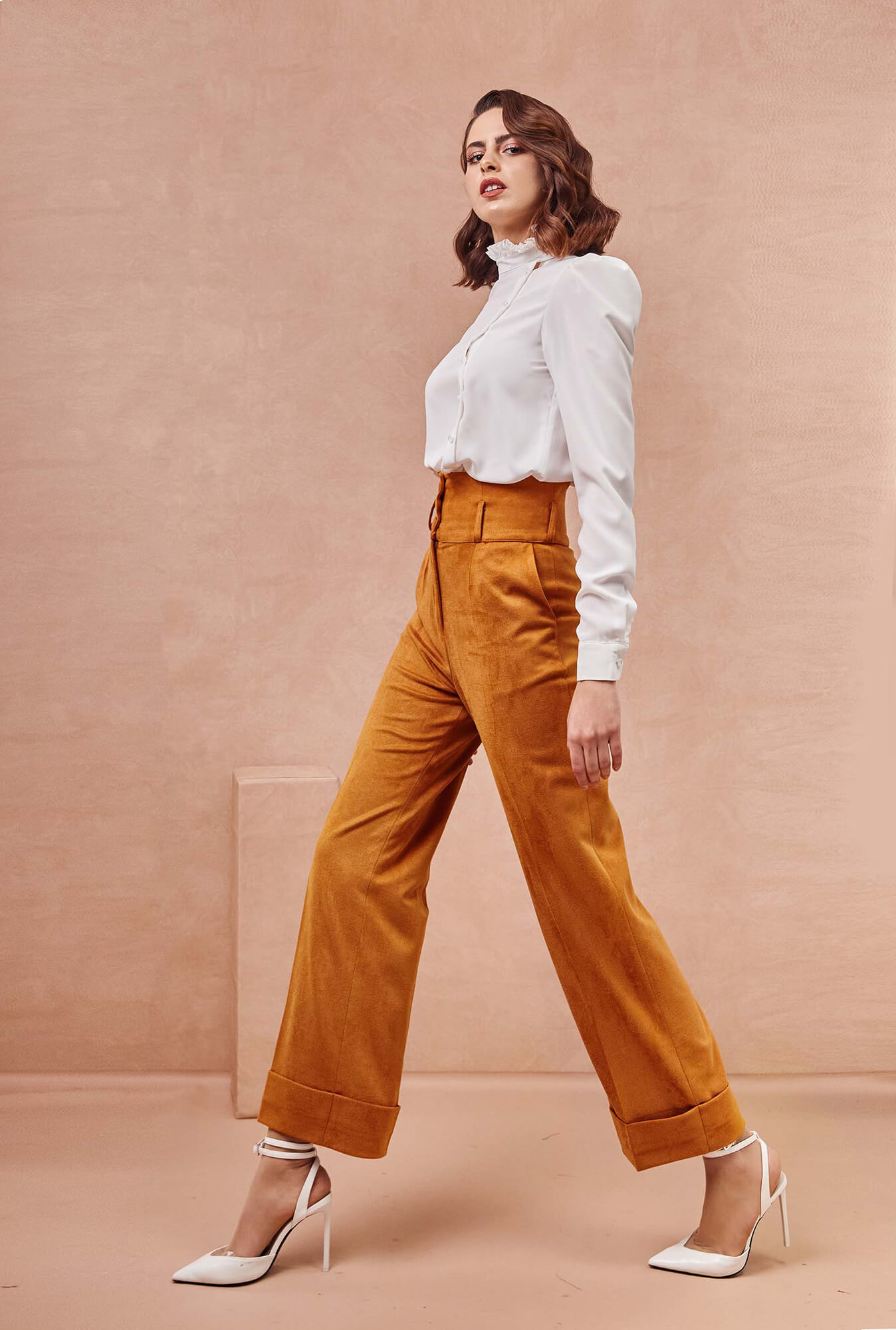 High Collar Side Button White Shirt with High Waisted Orange Pants