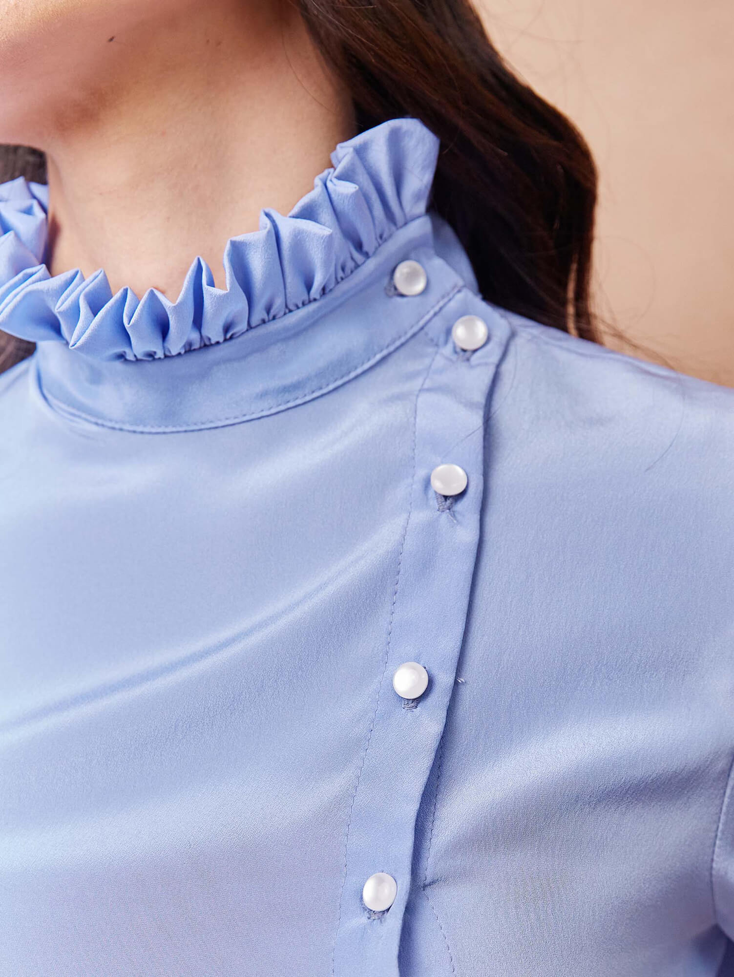 High Collar Side Button Blue Satin Shirt