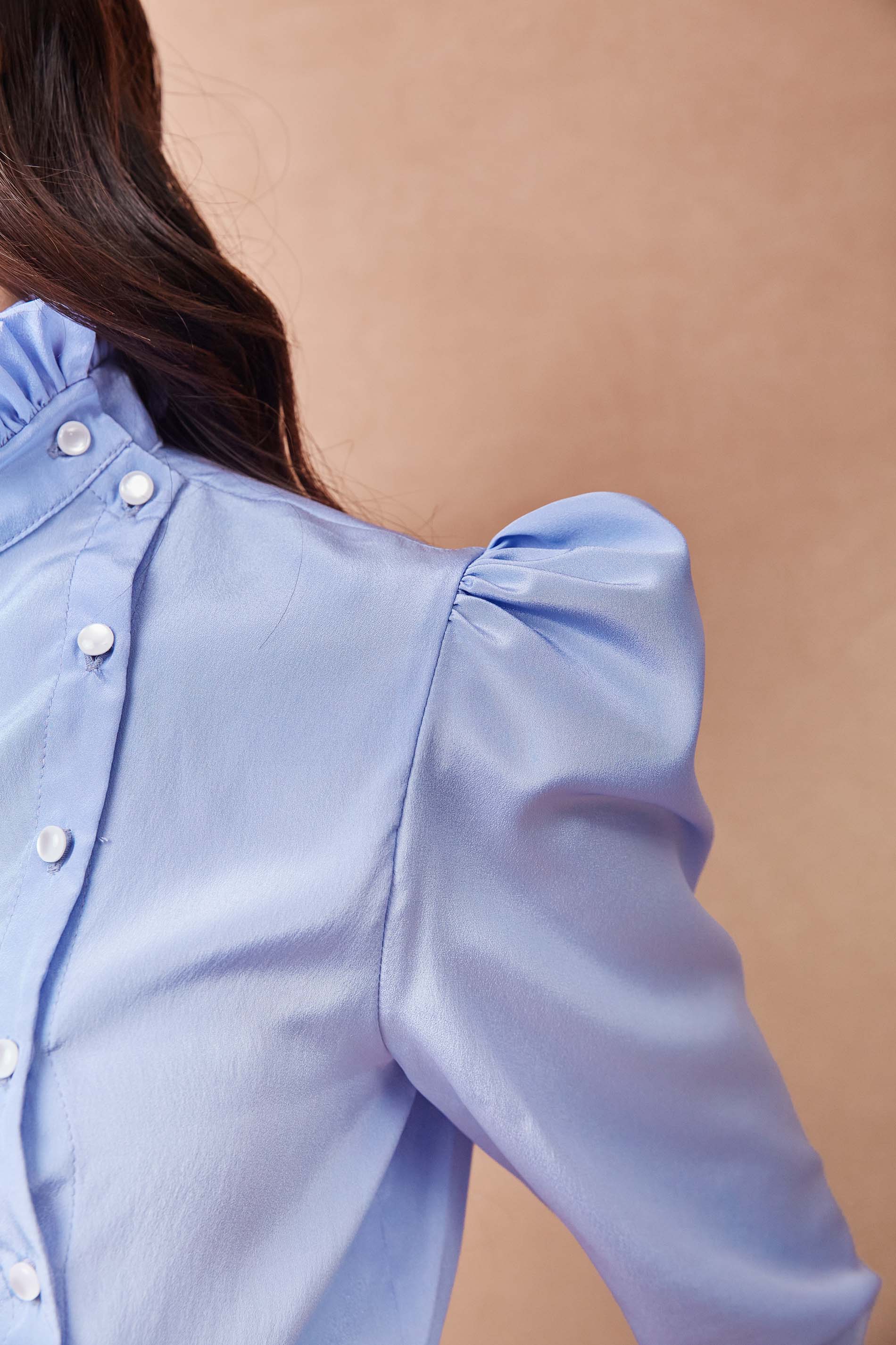 High Collar Side Button Blue Satin Shirt
