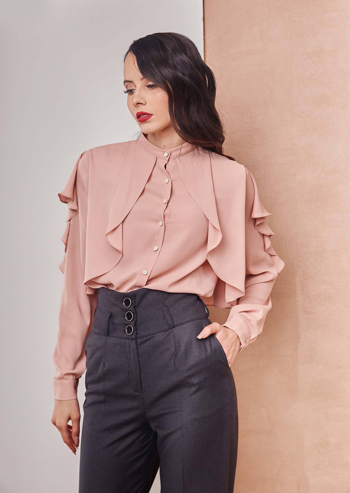 Drapped Ruffle Pastel Shirt with High Waisted Gray Pants