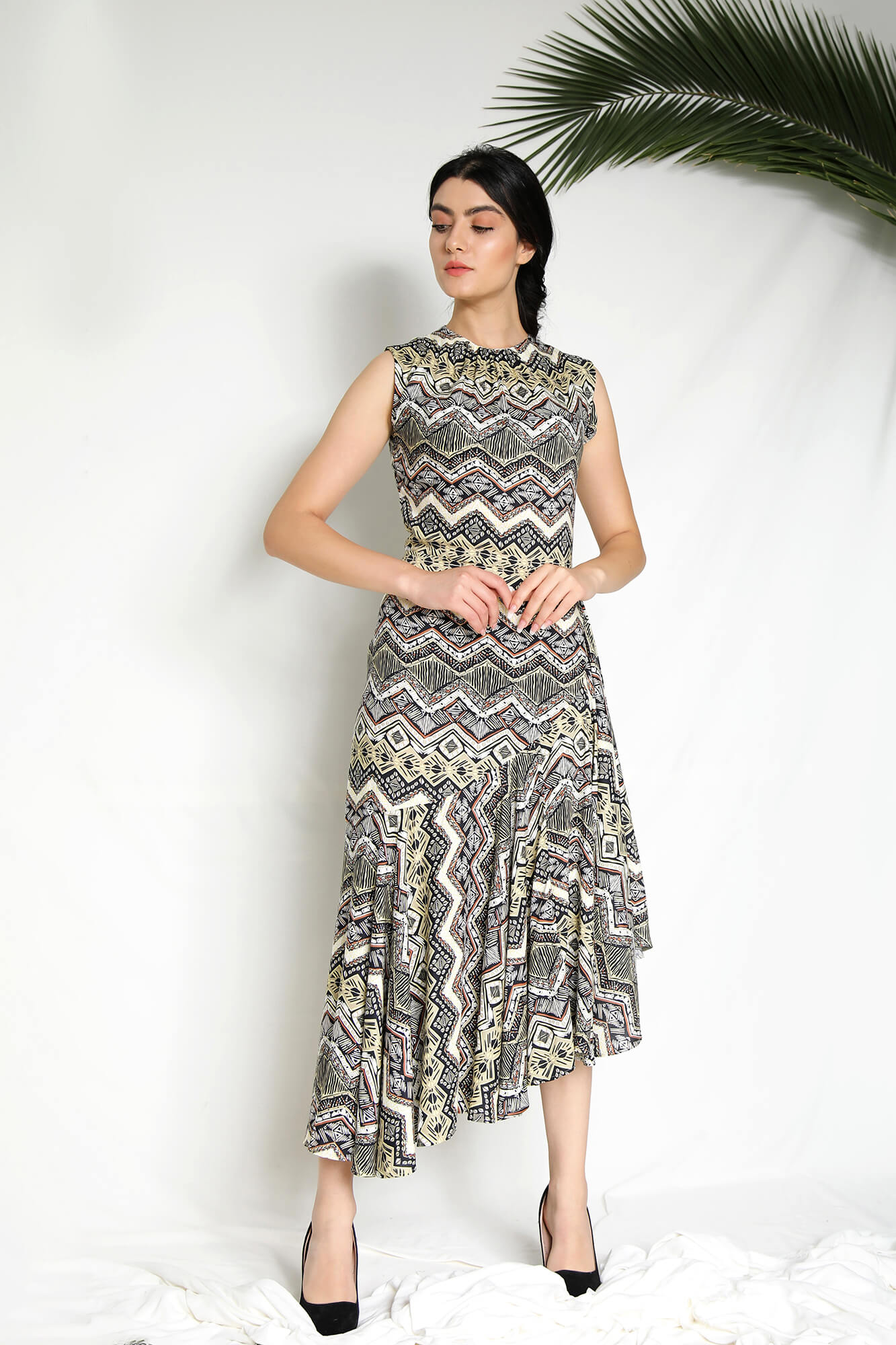 Ruffles-Asymmetrical-Printed-Dress