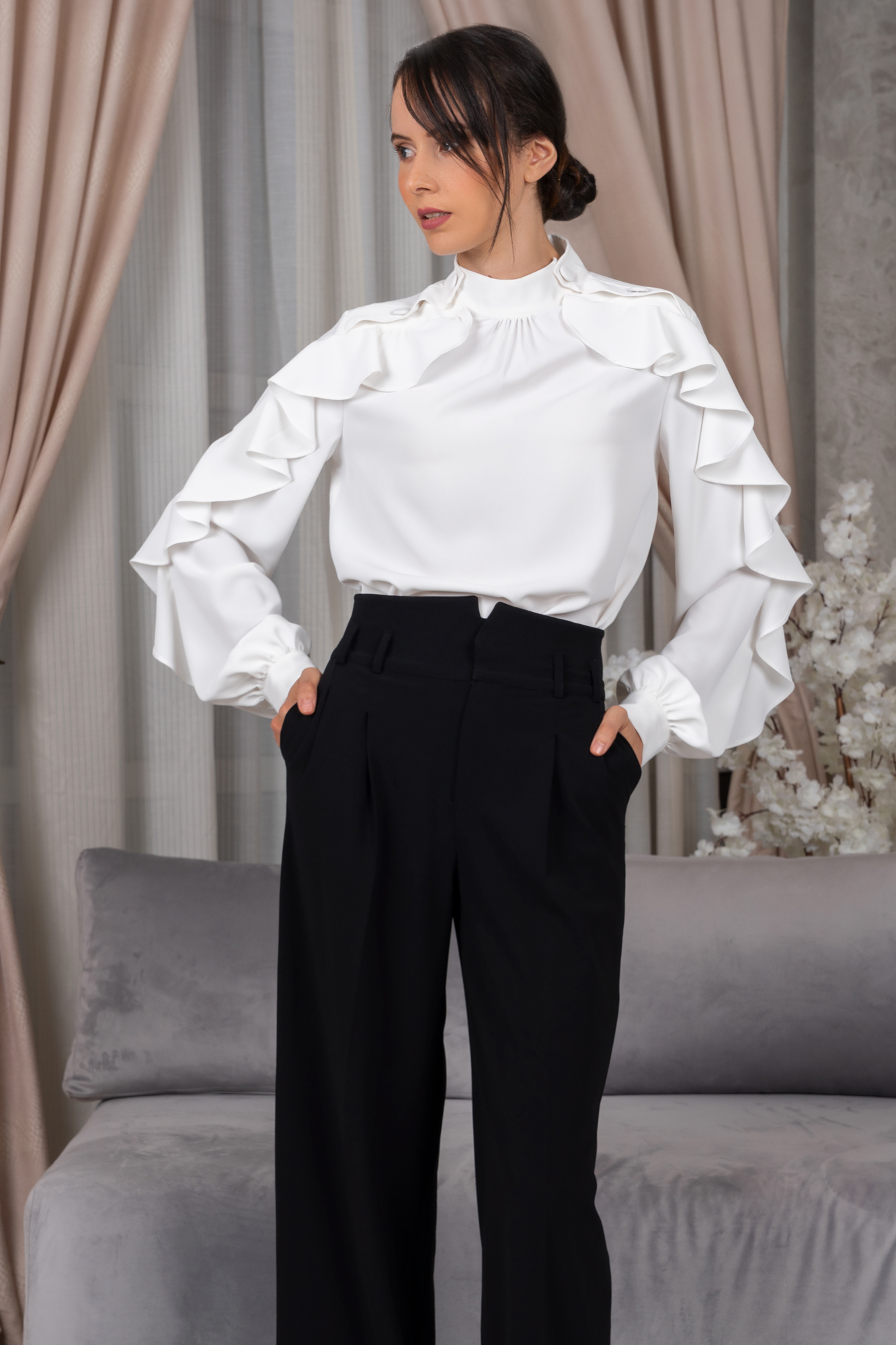 White Ruffle Sleeve Shirt with Button