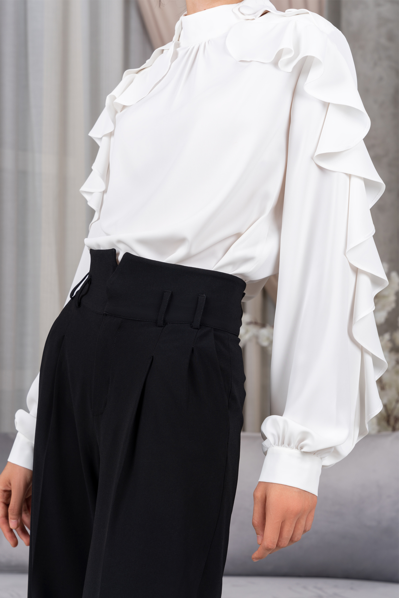 White Ruffle Sleeve Shirt with Button