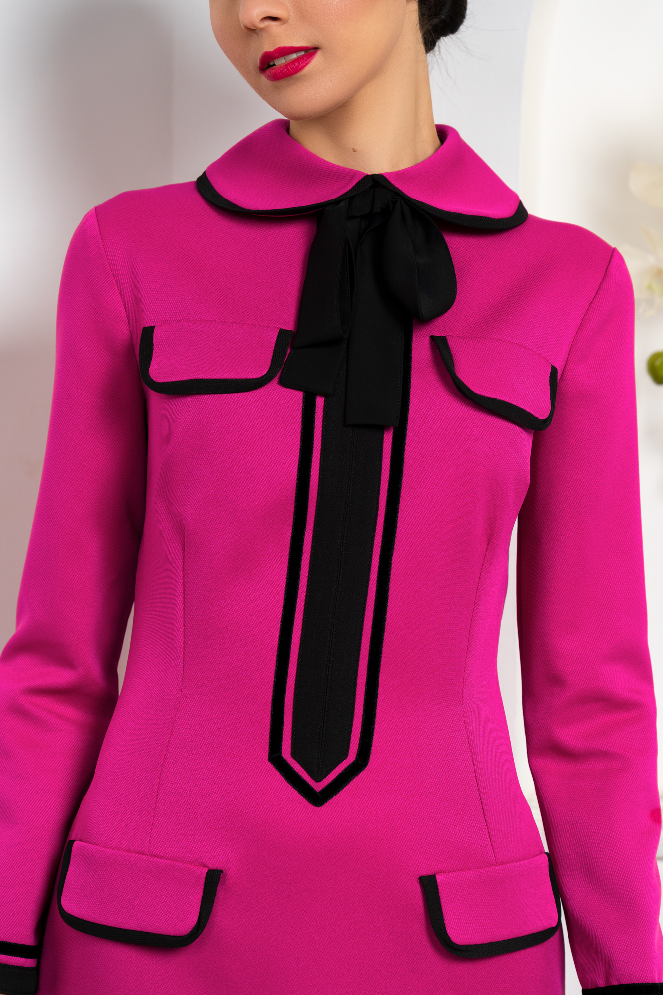 Bow Neck Piped Dress In Fuchsia