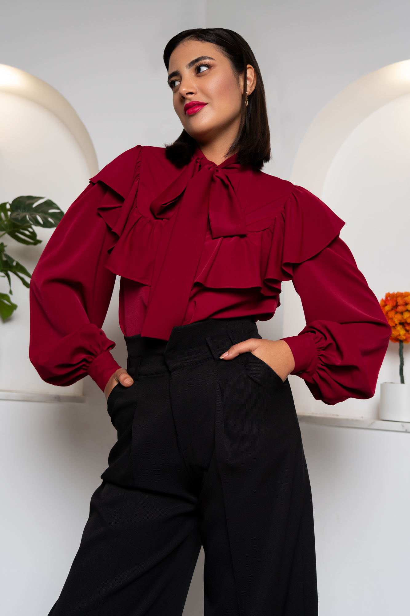 Bow Neck Ruffled Red Shirt
