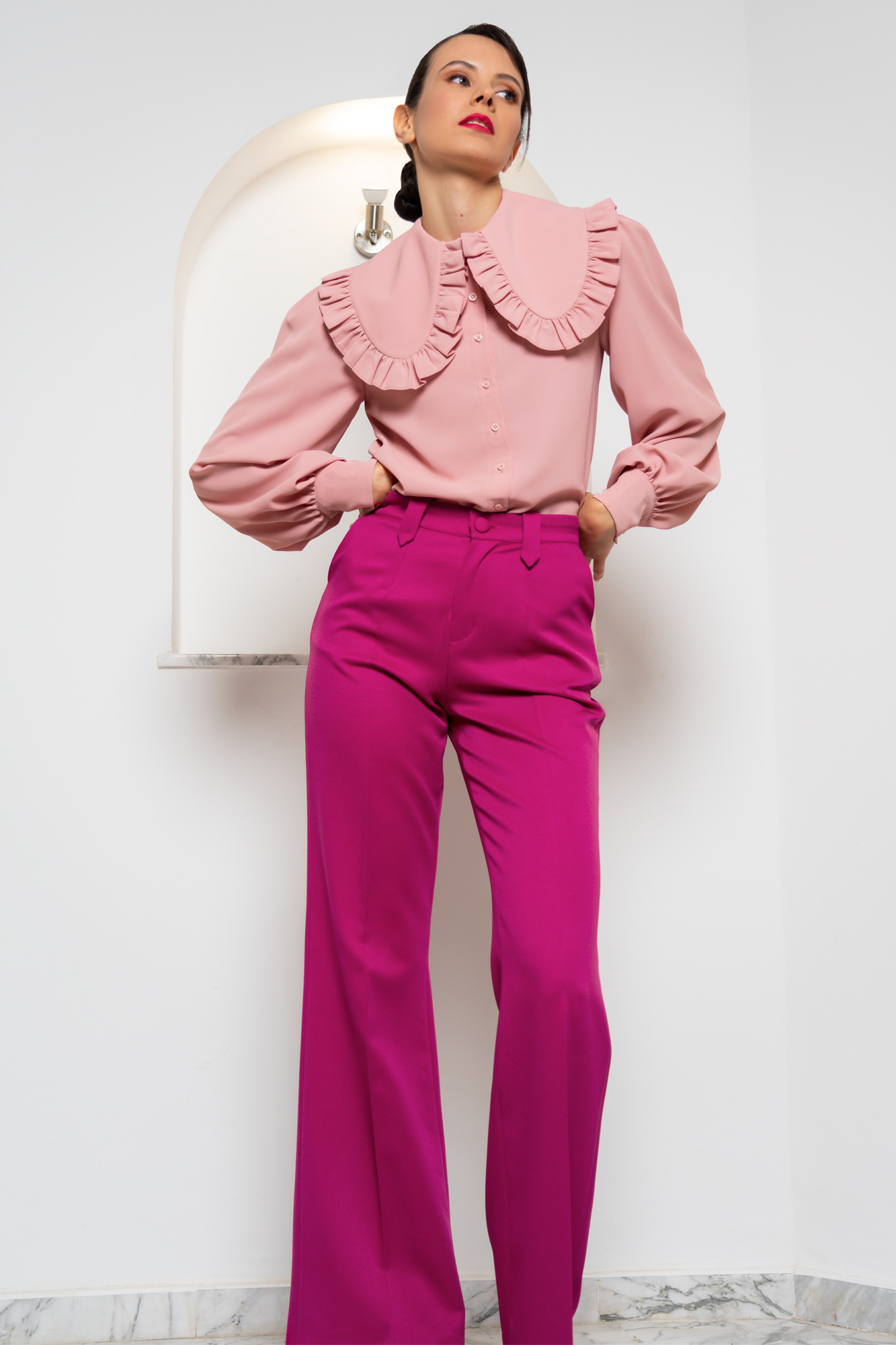 Frilled Statement Collar Pink Shirt And Fuchsia Pants