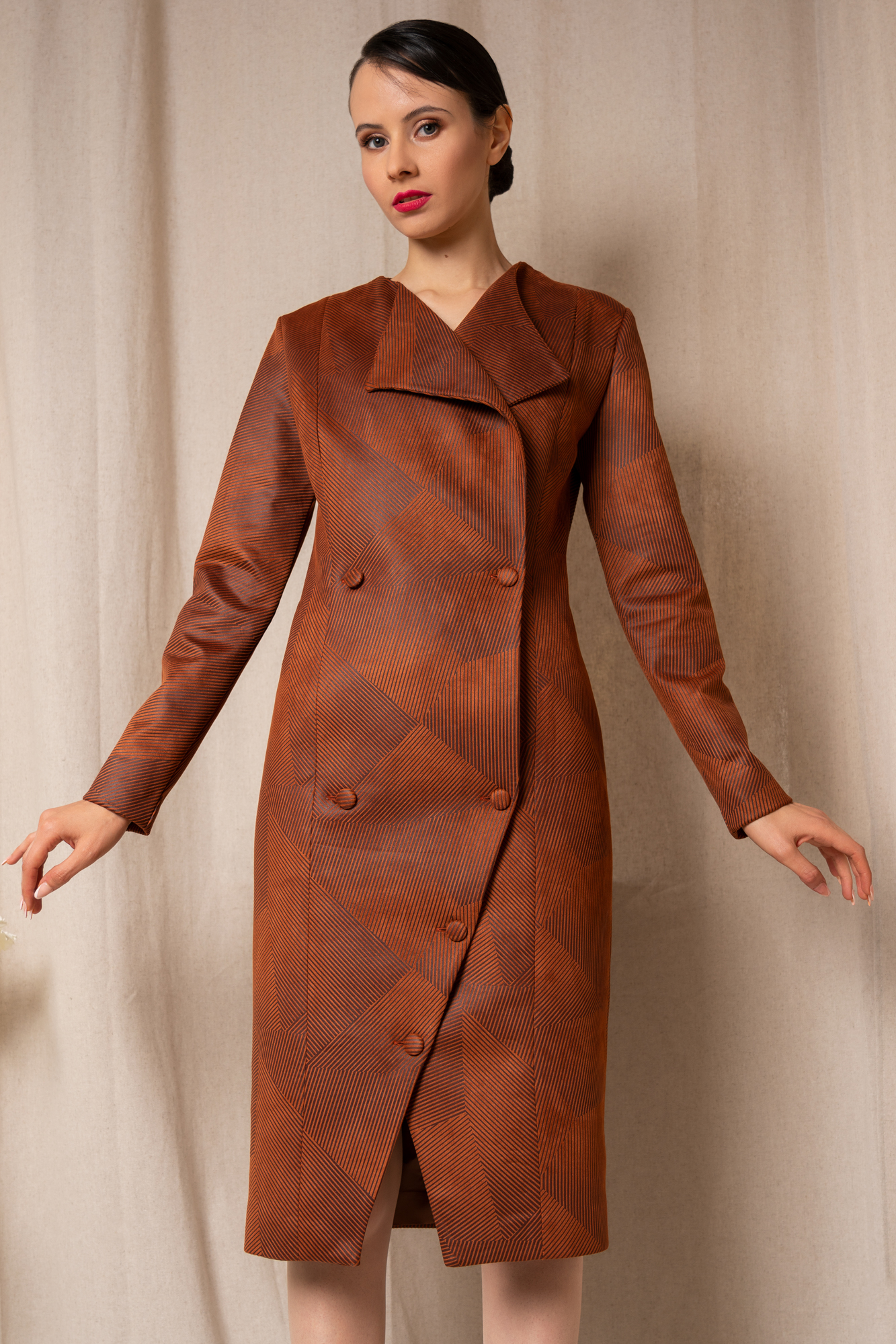 Textured Double Breasted Tobacco Brown Dress