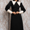 Contrast Collar Black Dress With Faux Pearl Buttons
