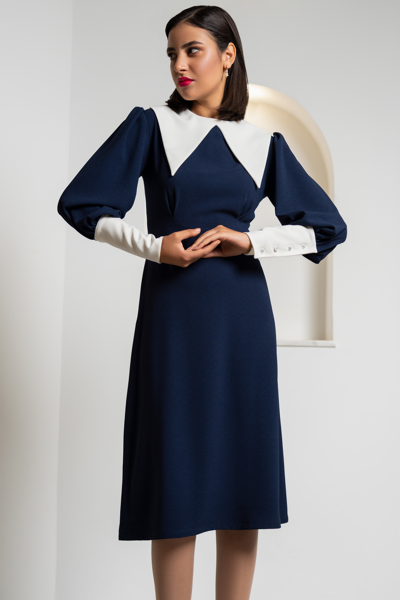 Contrast Collar Blue Dress With Faux Pearl Buttons
