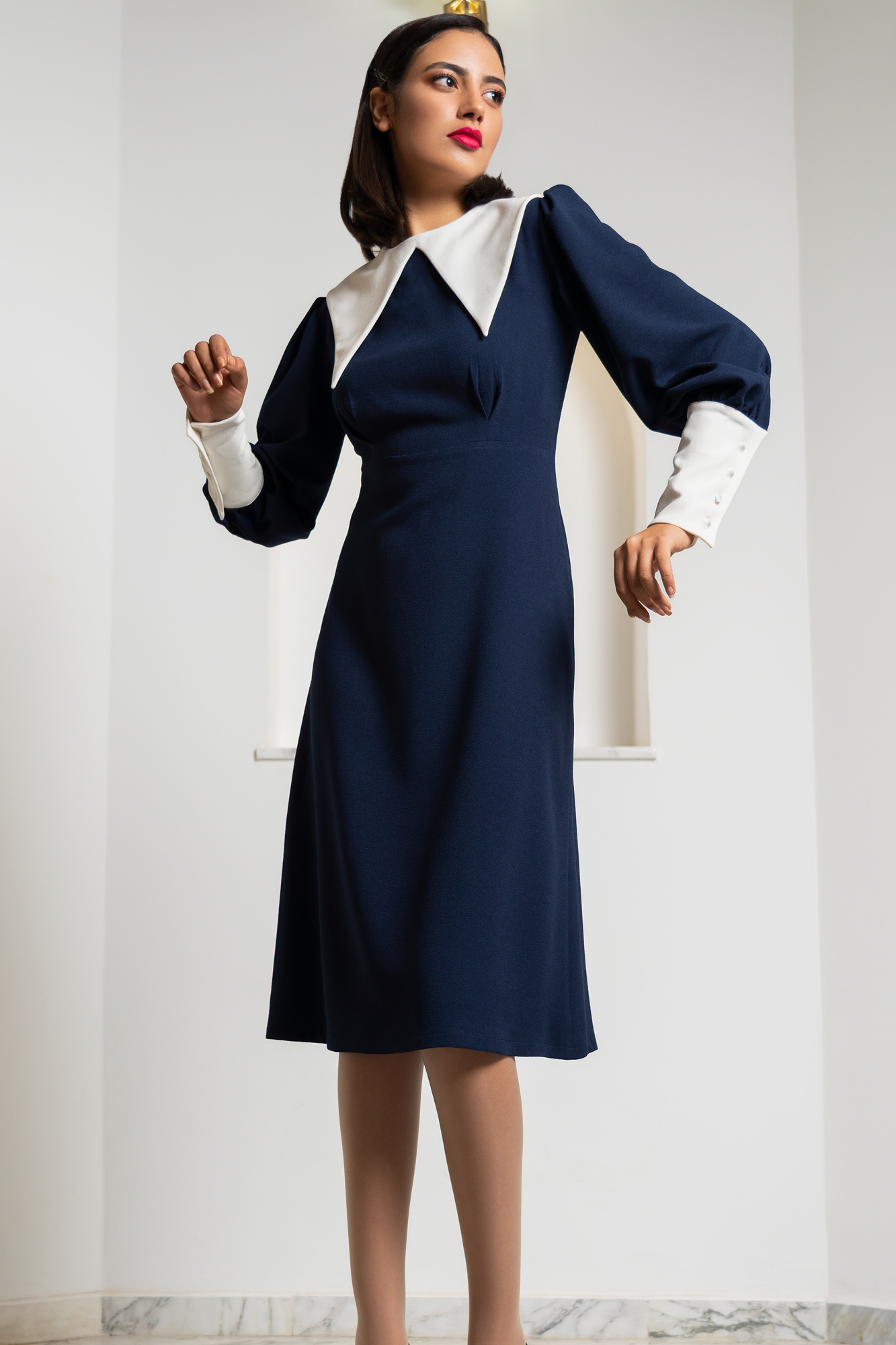 Contrast Collar Blue Dress With Faux Pearl Buttons