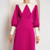 Contrast Collar Fuchsia Dress With Faux Pearl Buttons