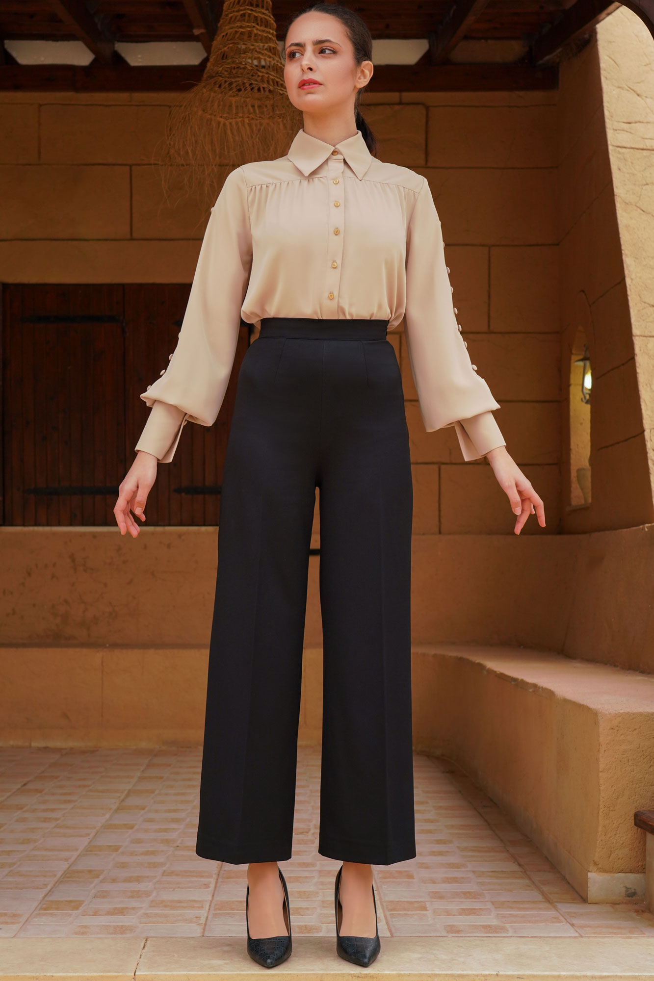 Two Pieces Ivory Shirt With Buttons And Black Pants
