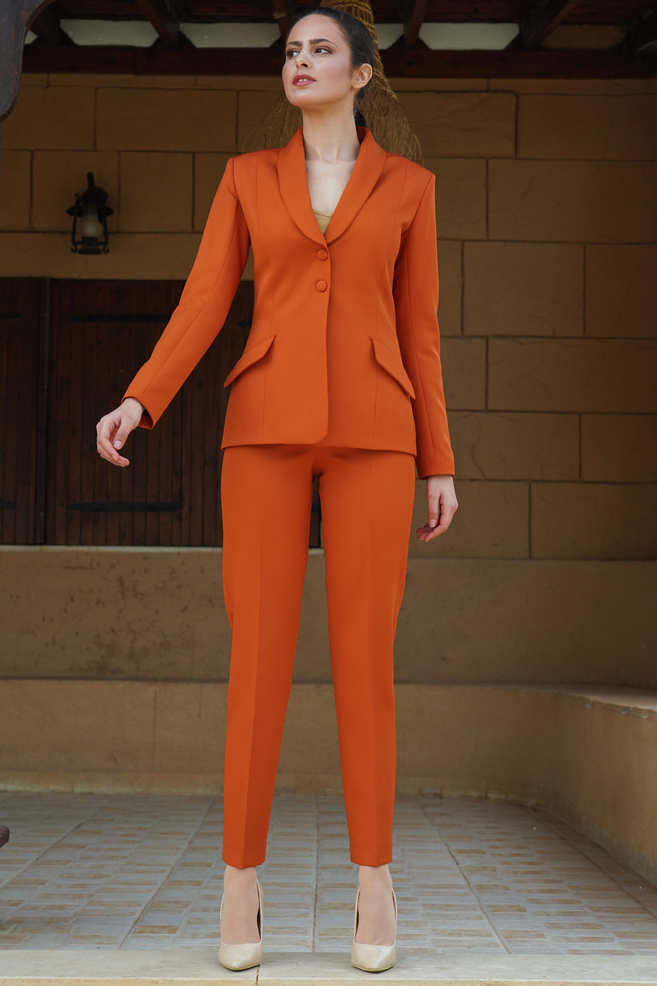 Two Pieces Orange Cinching Single Breasted Suit