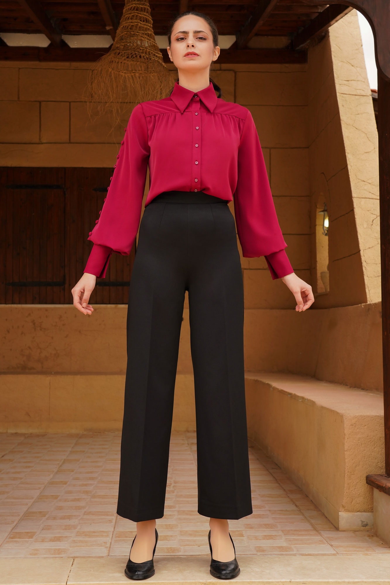 Two Pieces Red Shirt With Buttons And Black Pants