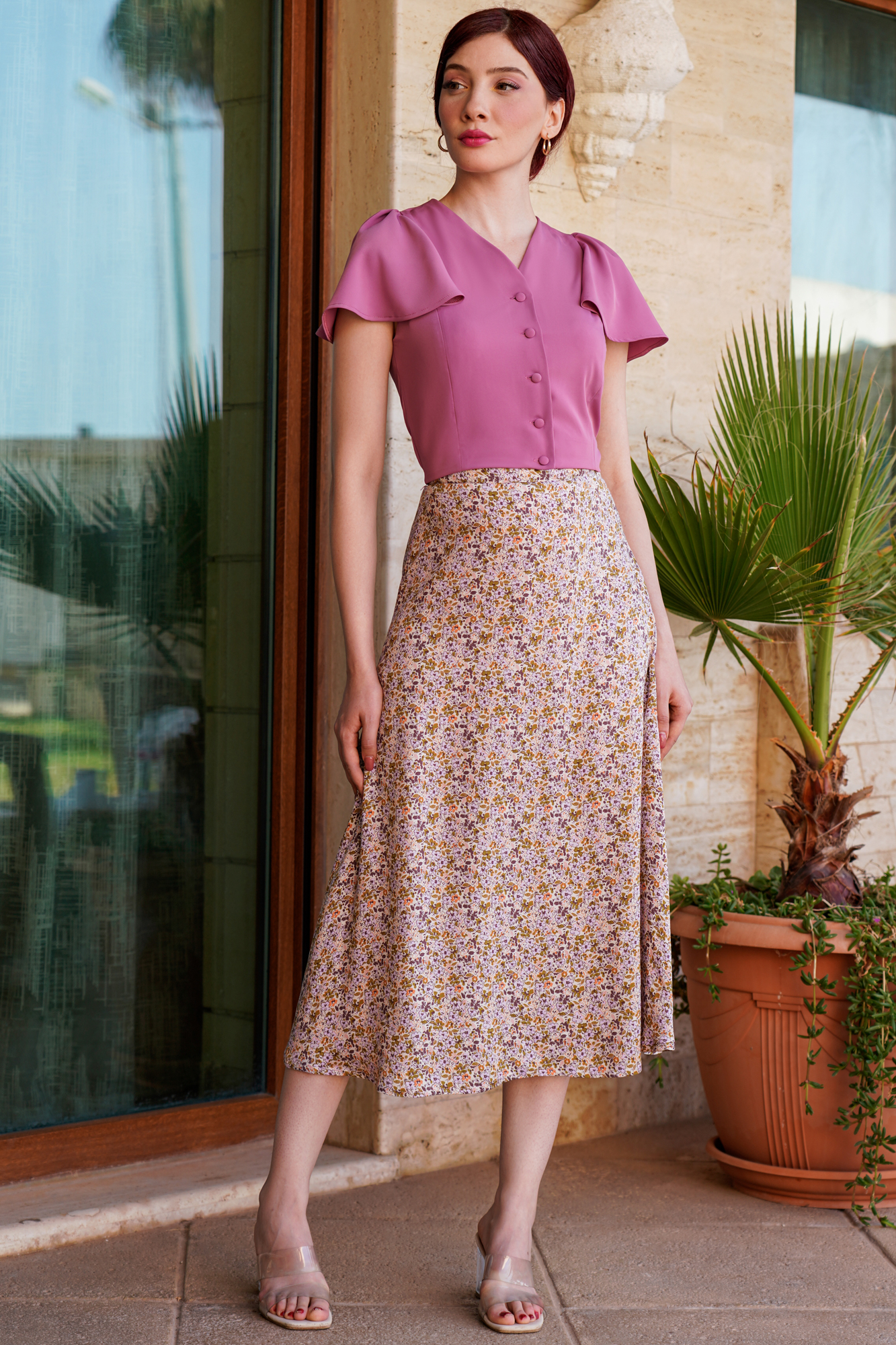 Flared Floral Pastel Midi Skirt