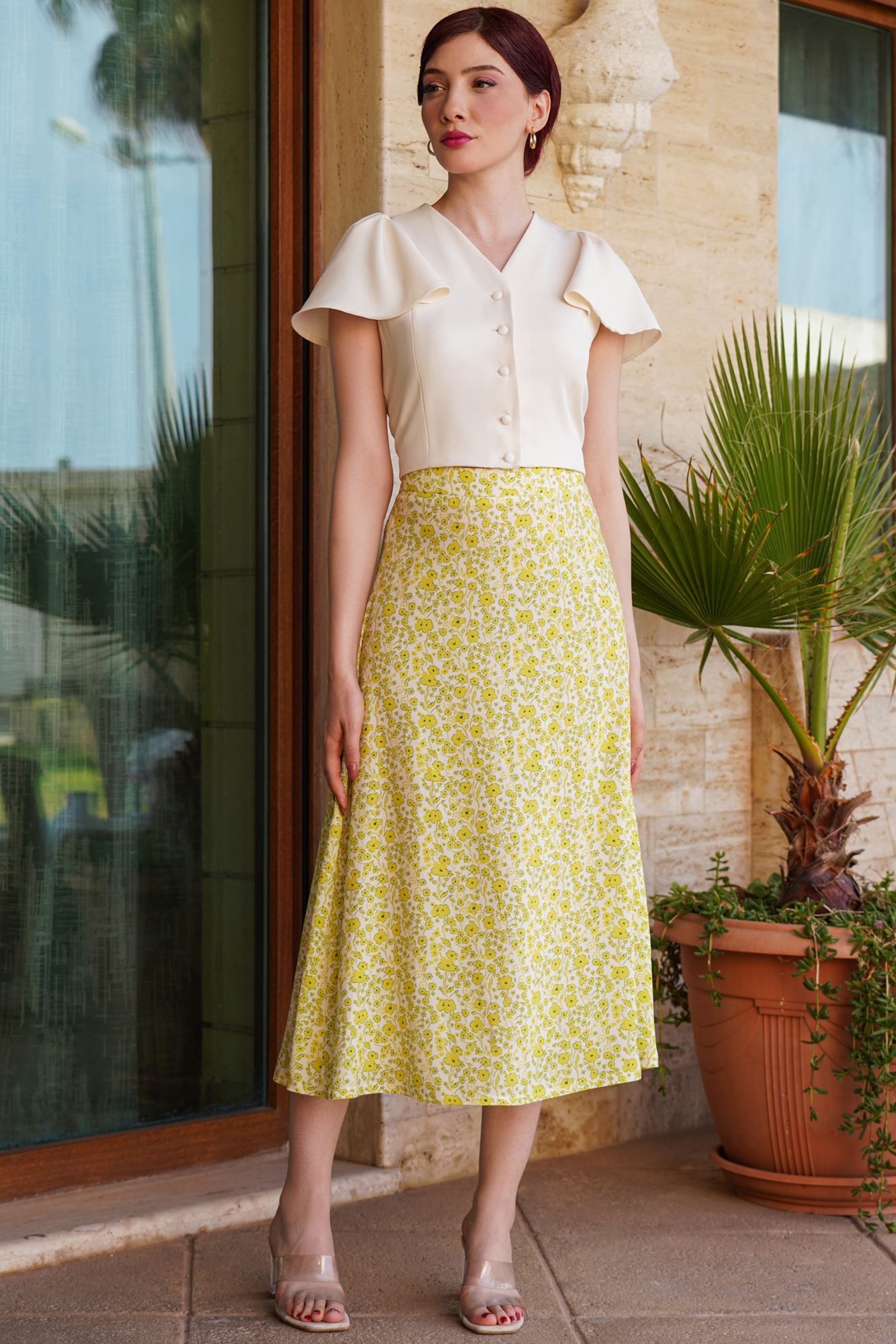 Flared Floral Yellow Midi Skirt
